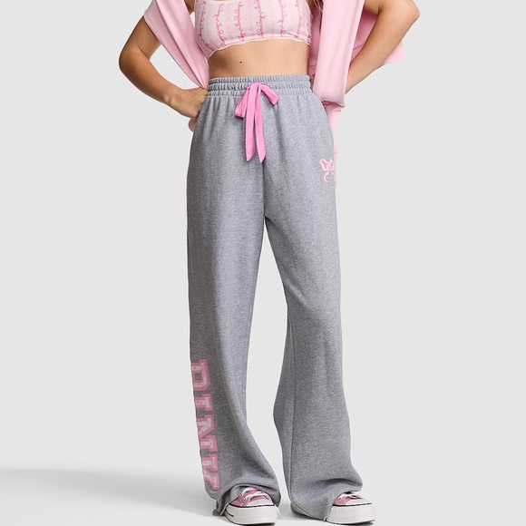 PINK Victoria's Secret Loveshackfancy Pants - Victoria's Secret PINK Love Shack Fancy WIDE-LEG SWEATPANTS Grey  SIZE Large NEW